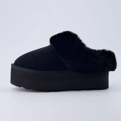 Husky Women’s Suede Platform Mule – Cozy Faux Fur Lining, Water-Resistant, Slip-On Comfort