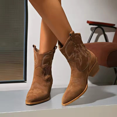 2025 Women’s Handmade Embroidered Western Ankle Boots – Faux Suede, Pointed Toe, Retro Cowboy Style