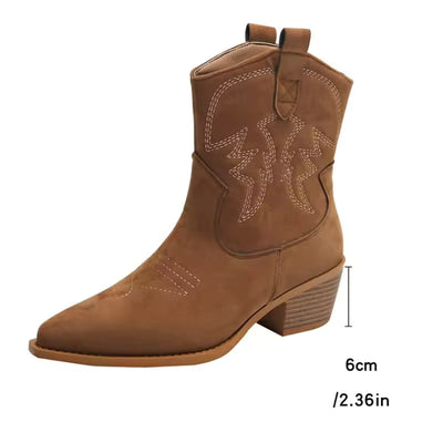 2025 Women’s Handmade Embroidered Western Ankle Boots – Faux Suede, Pointed Toe, Retro Cowboy Style