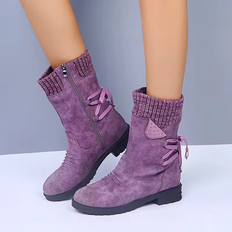 2025 Women’s Mid-Calf Suede Snow Boots – Retro Warm Slip-On Winter Boots with Low Heel