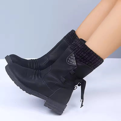 2025 Women’s Mid-Calf Suede Snow Boots – Retro Warm Slip-On Winter Boots with Low Heel