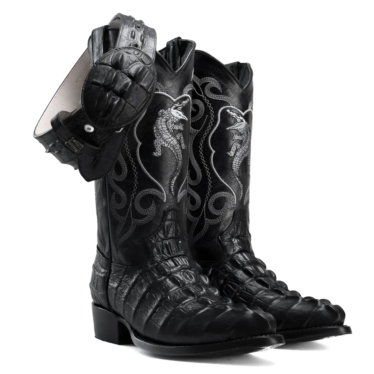 Men’s Exotic Caiman Cowboy Boots & Leather Belt Combo – Western Rodeo Set
