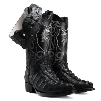 Men’s Exotic Caiman Cowboy Boots & Leather Belt Combo – Western Rodeo Set