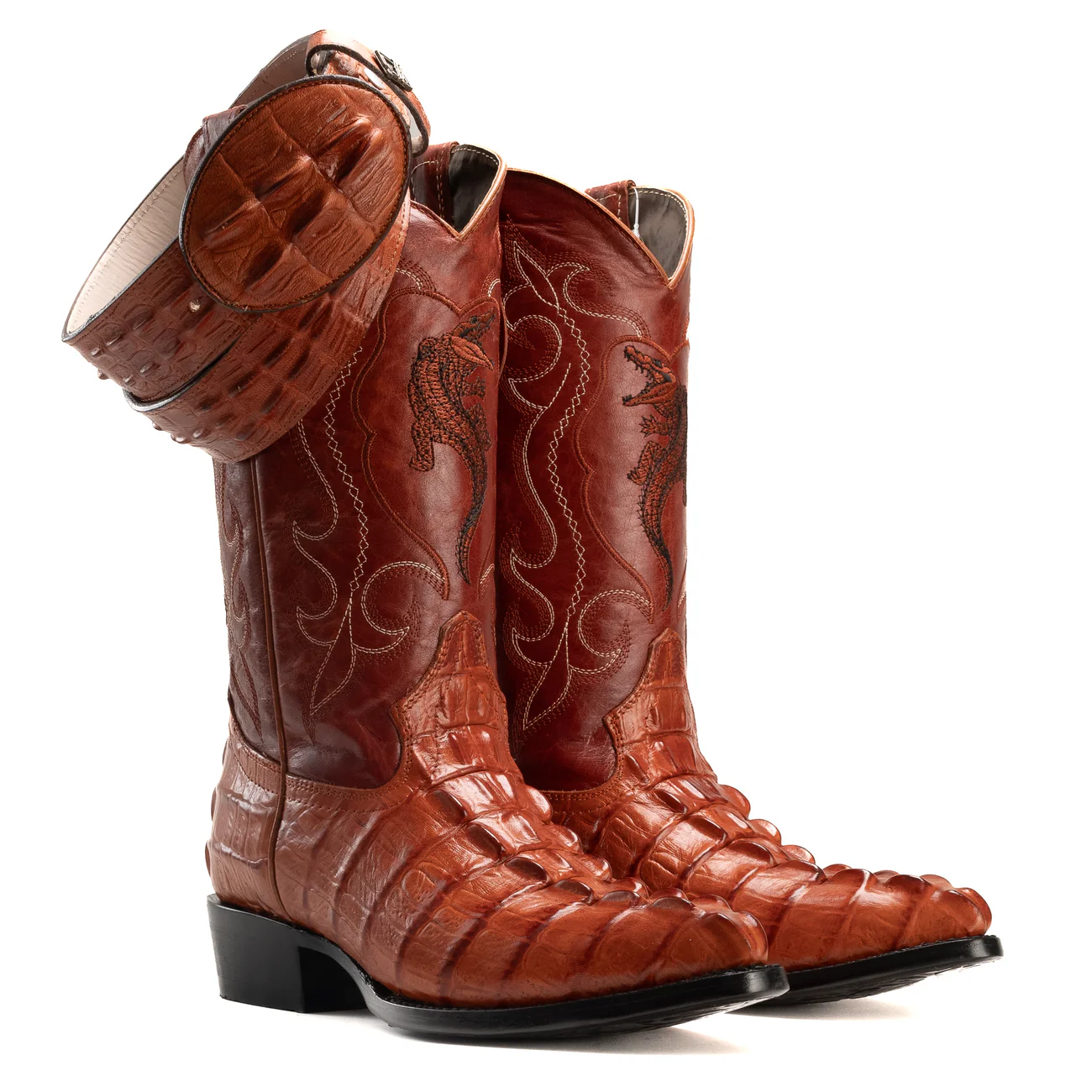 Men’s Exotic Caiman Cowboy Boots & Leather Belt Combo – Western Rodeo Set