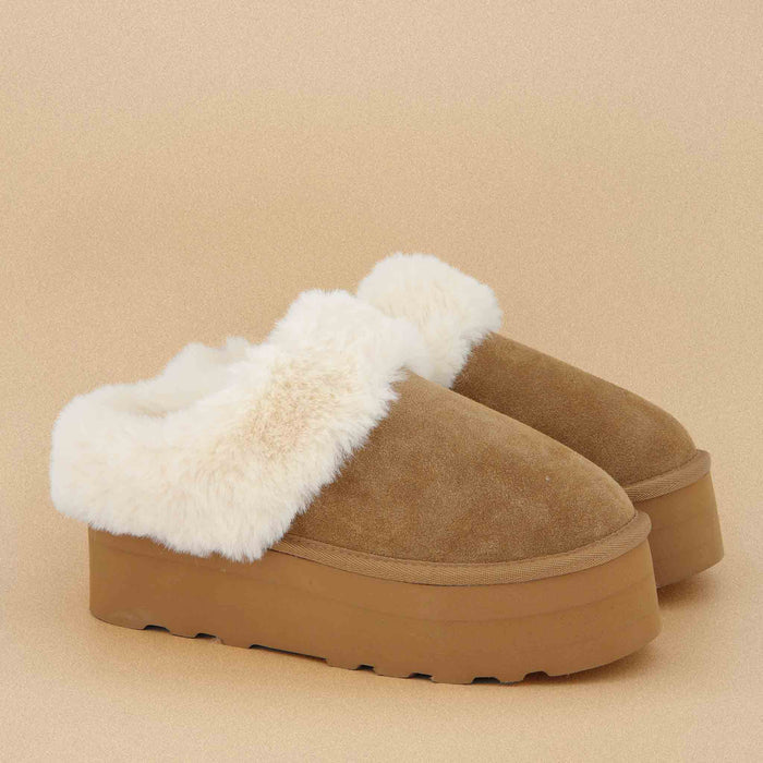 Husky Women’s Suede Platform Mule – Cozy Faux Fur Lining, Water-Resistant, Slip-On Comfort